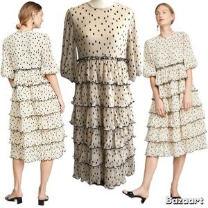GANNI Lowell Tiered Polka Dot Plisse Beige & Black Midi Dress conservative pleat